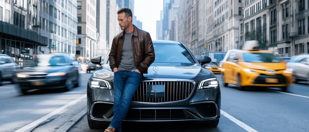 A man in a brown leather jacket and jeans leans against a dark grey luxury sedan parked on a busy city avenue. Tall buildings frame the urban street under bright daylight. Passing vehicles, including a yellow taxi, speed by with heavy motion blur. The composition contrasts this fast movement with the sharp, cool-toned focus on the resting man.