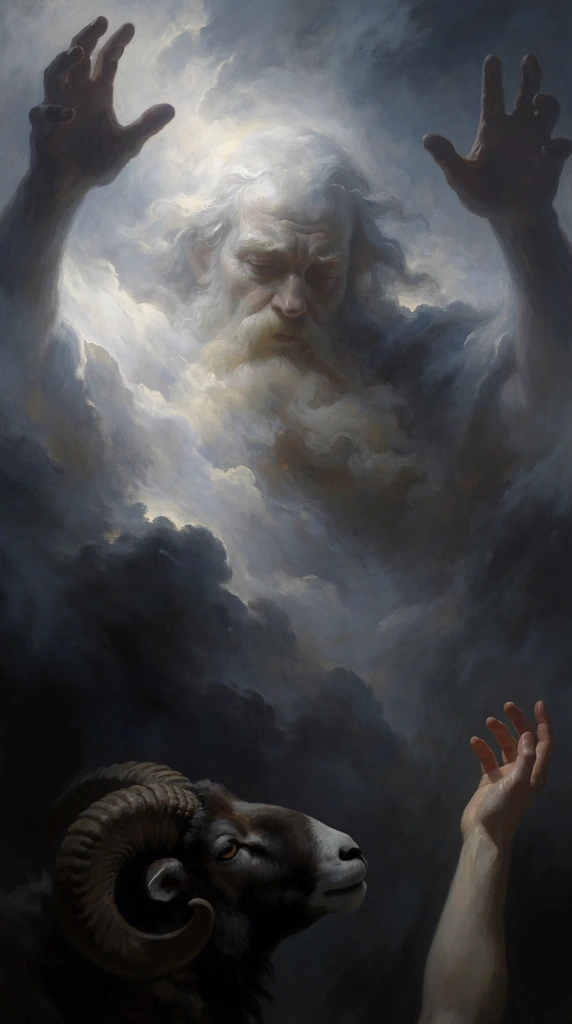 A colossal, ethereal face of an aged, bearded man emerges from swirling clouds with two shadowy hands raised upwards, looming over a dark ram and a pale human hand. The massive spectral figure is formed from luminous white and grey mist, blending seamlessly into the surrounding charcoal and deep blue atmosphere. His facial features are heavy, gazing downwards. Framing the head are two dark, silhouetted hands extending towards the upper corners with spread fingers. At the bottom edge, enveloped in deep shadow, the profile of a dark ram with ridged horns looks upwards alongside a single pale human forearm reaching towards the apparition. The composition features dramatic chiaroscuro lighting, soft sweeping brushstrokes, and intense atmospheric depth.