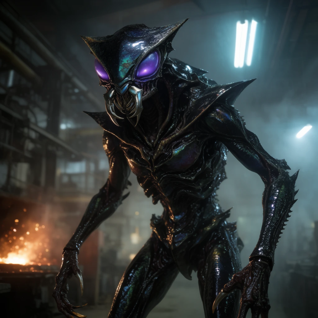 A towering biomechanical insectoid with dark iridescent chitin stands within a heavy industrial refinery. The creature features a sharp triangular head with glowing violet compound eyes and interlocking metallic mandibles. Its segmented body merges organic tissue with glossy obsidian-like armor plates, sharp thoracic ridges, and elongated forelimbs ending in serrated claws. The wet exoskeleton reflects warm orange sparks from a nearby forge and cool cyan illumination from overhead fluorescent tubes. Cinematic rim lighting highlights the complex, glossy textures of the nightmare entity against a smoky, out-of-focus background, captured with shallow depth of field and thick atmospheric volumetric fog.