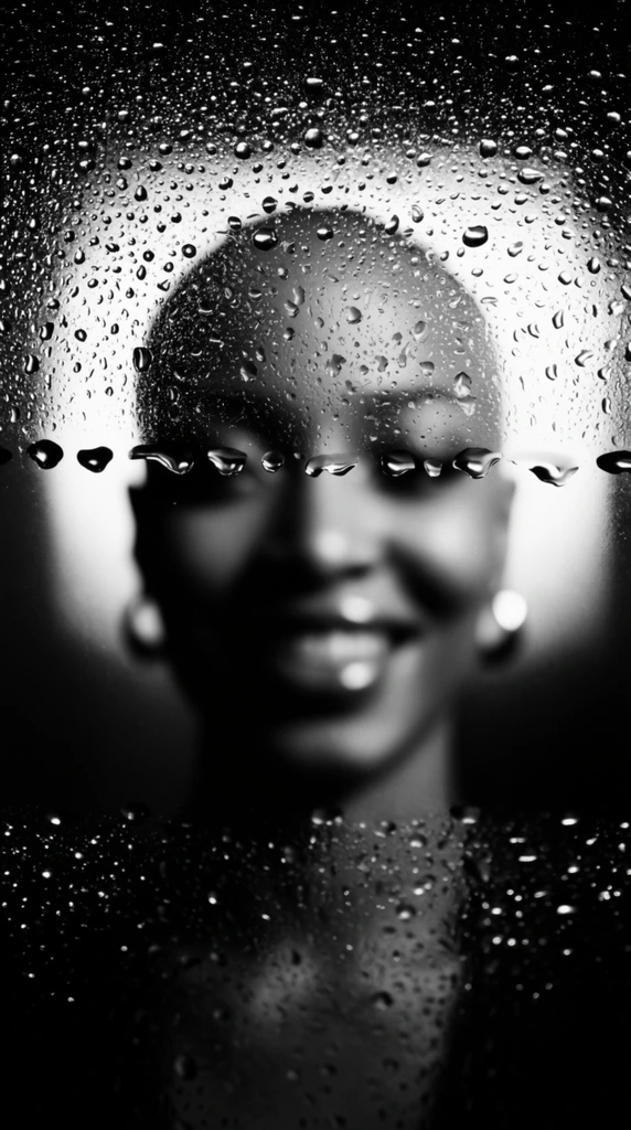 A smiling woman with a shaved head and metallic earrings viewed through a wet glass pane in a high-contrast, black-and-white photographic composition. The foreground is defined by a macro-focused, razor-sharp layer of glass densely coated with hundreds of crisp, glistening water droplets that catch pinpoint specular highlights. A distinct horizontal line of heavy, swelling water drops bisects the center of the frame, hanging suspended and refracting the intense ambient light. Behind this highly textured optical barrier, the woman is heavily out of focus due to an extremely shallow depth of field, her form blurred into soft, smooth bokeh. Her smiling face and earrings are sculpted by stark chiaroscuro lighting, driven by a brilliant, diffuse white light source glowing directly behind her. This intense central illumination creates extreme tonal gradients, transitioning abruptly into deep, impenetrable black shadows that consume the outer edges of the frame, resulting in a moody, cinematic film noir aesthetic heavily reliant on the dramatic interplay between the tactile, sharp foreground moisture and the obscured, softly glowing background subject.