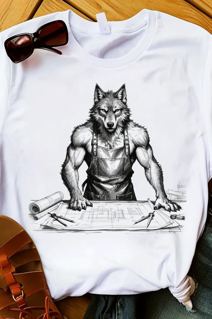 flat lay of a white crew neck t-shirt on diagonal wooden floorboards, partial brown leather sandal bottom left, edge of blue jeans bottom right, dark sunglasses near the collar, shirt features a black ink sketch graphic of an anthropomorphic muscular wolf in a heavy leather apron leaning over a drafting table covered with blueprints and compasses, casual lifestyle photography, overhead angle, bright natural lighting