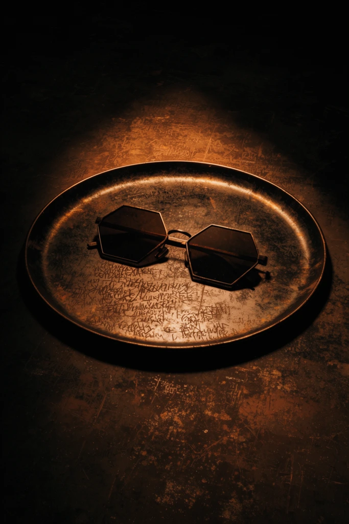 A single pair of hexagonal sunglasses rests on a shallow, circular tray in the center, and the tray sits on a flat, featureless surface, completely enveloped in a dark, dystopian grunge aesthetic. The sharp geometric frames and the smooth curve of the shallow tray are illuminated by a harsh, warm amber and sepia spotlight cutting through thick, oppressive shadows. Dense, chaotic textures of illegible etched scrawls, deep scratches, and industrial decay coat the metallic tray and the flat ground plane. The lighting creates a striking, high-contrast chiaroscuro effect, leaving the outer edges of the composition swallowed by pitch-black darkness. The color palette consists entirely of murky browns, charcoal blacks, tarnished brass, and glowing burnt orange. Hyper-detailed micro-abrasions and a weathered, cinematic patina dominate the rendering, giving the stark, centered arrangement a heavy, atmospheric, and profoundly gritty visual quality.