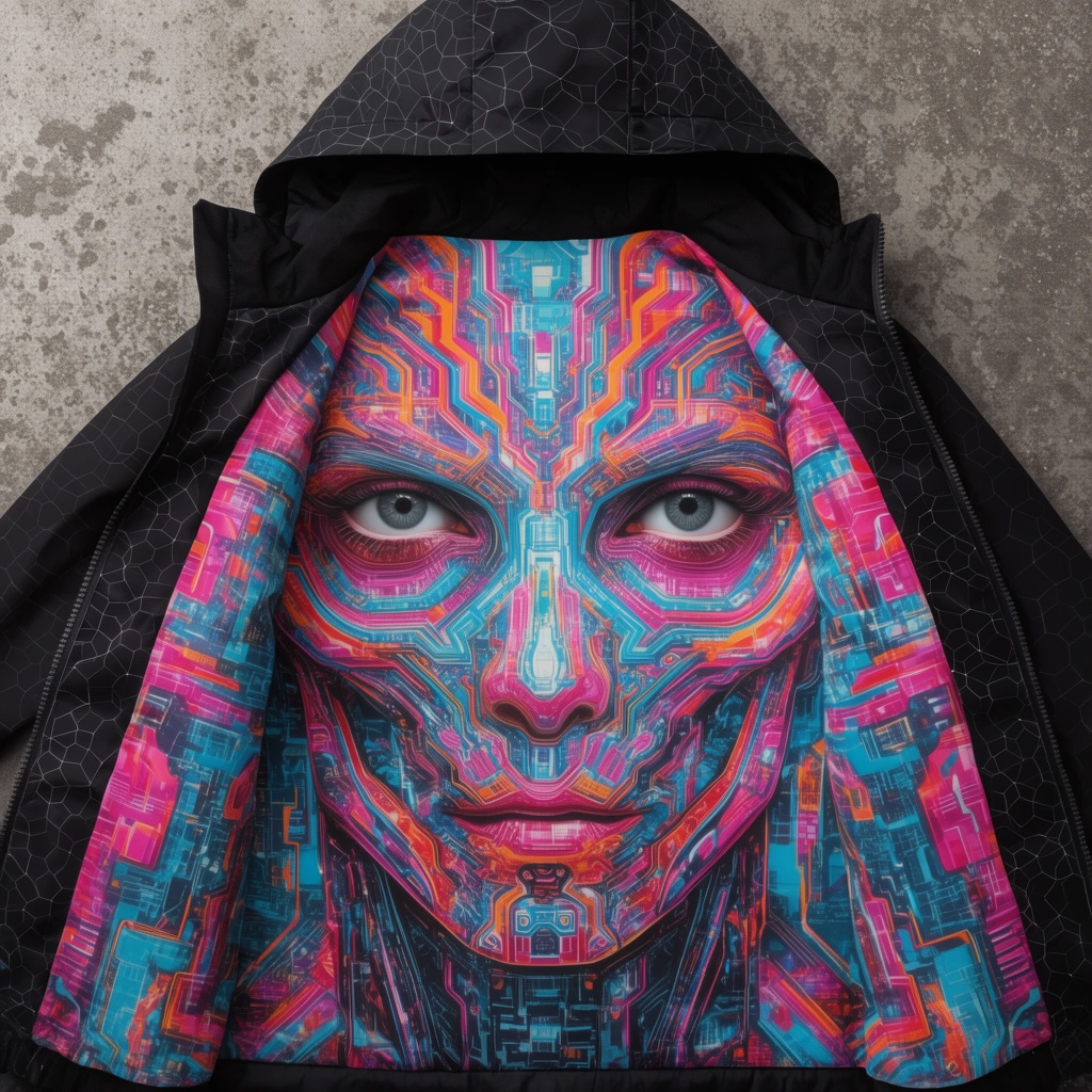 An open black hooded jacket laid flat on a textured gray surface reveals a hyper-detailed, vibrant inner lining depicting a symmetrical cybernetic face. Constructed from intricate cyan, magenta, and orange geometric circuitry, the surreal biomechanical mask features piercing realistic eyes. The dark jacket exterior, subtly patterned with wireframe hexagons, sharply contrasts with the striking psychedelic technological interior artwork.