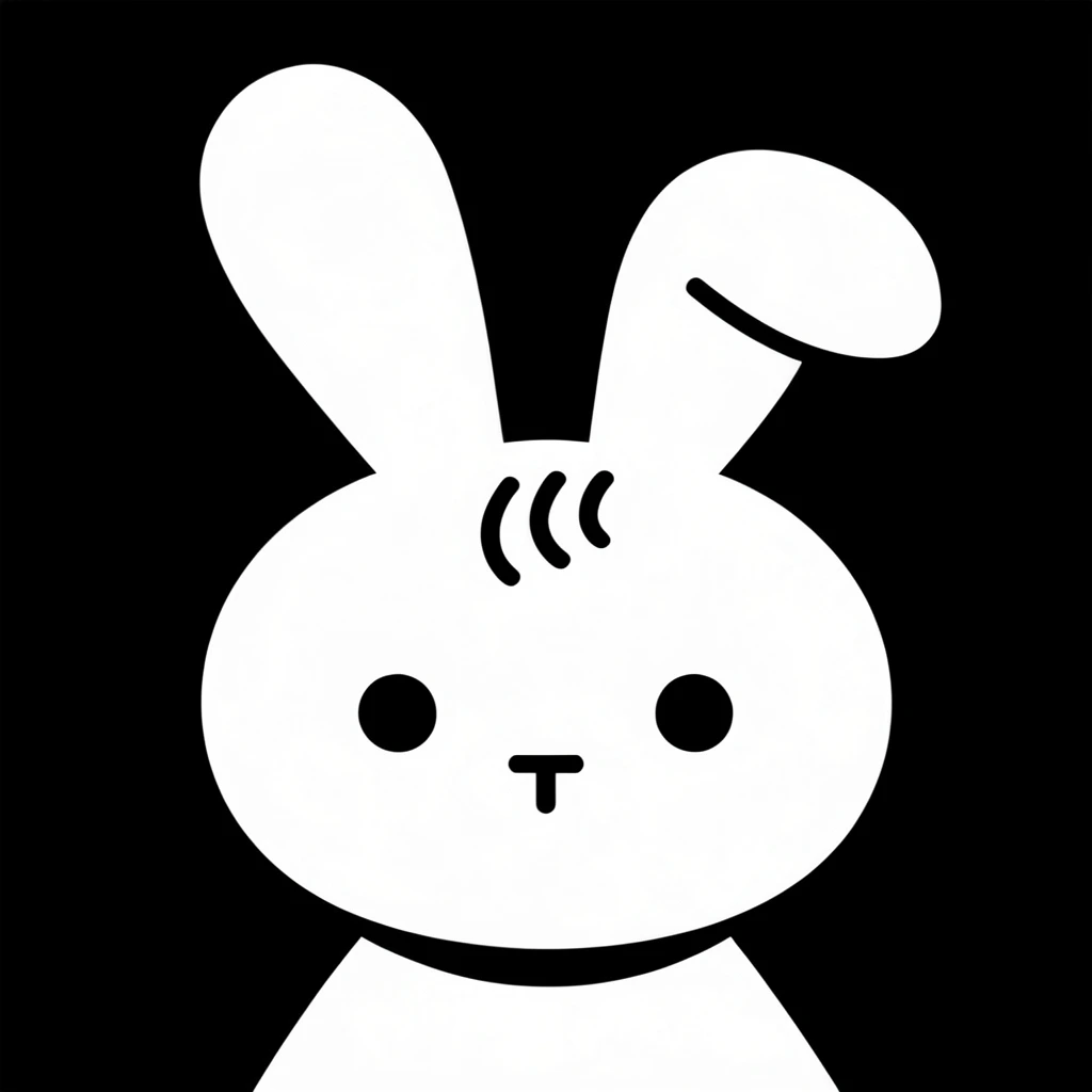 minimalist flat vector illustration of a cute rabbit, stark high-contrast black and white monochrome, solid black background, bold white silhouette cropped at the shoulders, large round face, solid black dot eyes, small T-shaped black nose, three curved black lines on the forehead, two prominent ears with the right one slightly folded, clean geometric shapes, kawaii graphic design aesthetic, strict flat composition