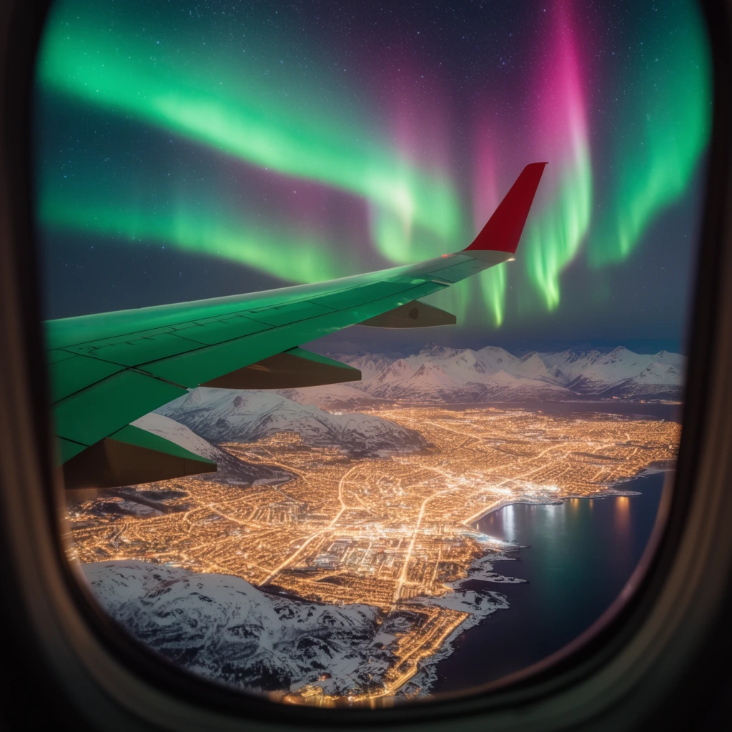 framed view through an airplane window at night, vivid green and magenta aurora borealis sweeping across a starry sky, green airplane wing with a red winglet, sprawling golden city grid illuminating the landscape below, snow-covered mountains bordering dark coastal water, hyper-realistic aerial photography, striking color contrast