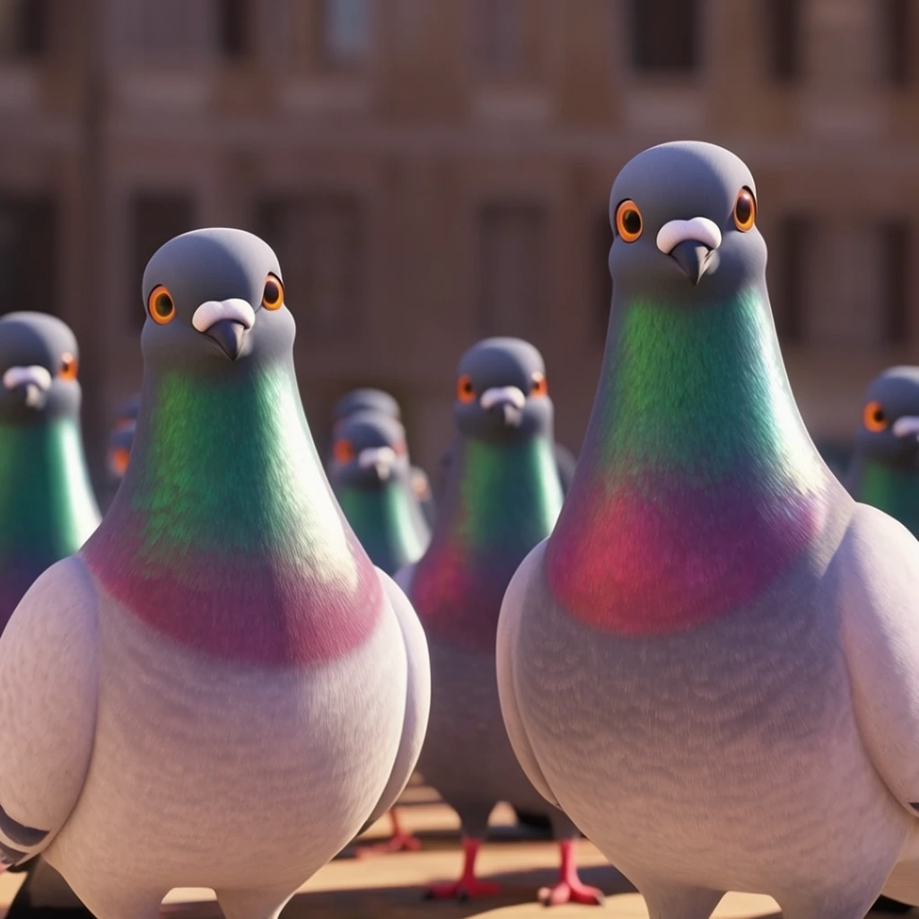 A flock of stylized 3D-rendered pigeons stands on a sunlit surface against a beautifully blurred architectural background. Two prominently detailed birds anchor the foreground, facing forward with bright circular orange eyes and smooth slate-grey heads. Their plump necks display a vibrant iridescent gradient of emerald green and magenta that transitions into pale softly textured breasts. Several softly focused pigeons populate the midground, emphasizing a cinematic shallow depth of field. Strong directional sunlight highlights the sleek contours and subtle feather details of the flock. The backdrop features muted brown building facades with warm diffused window shapes, completing a highly polished animated visual aesthetic.