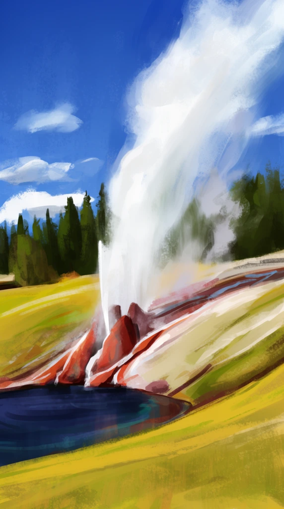 digital landscape painting of a geyser erupting, massive white steam plume shooting upward from reddish rocks, dark blue pool in the foreground, sloping yellow-green grassy banks, line of dark green pine trees in the midground, bright cerulean sky with scattered clouds, loose impressionistic brushstrokes, visible painterly textures, vibrant color palette, dynamic motion, bright daylight