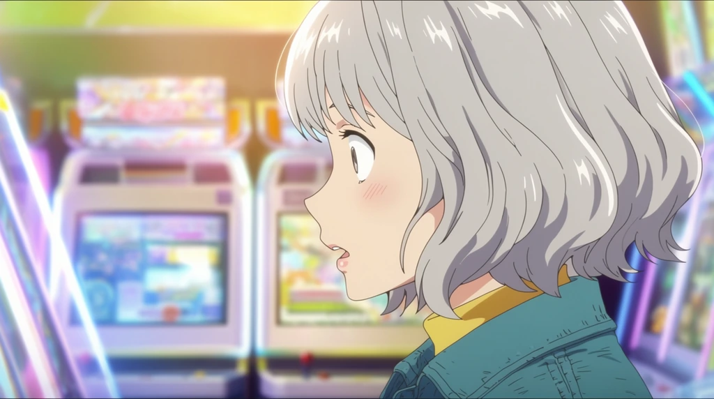 2D anime style illustration, close-up side profile of a young adult woman, wide-eyed surprised expression, slightly parted lips, faint pink blush on cheeks, short wavy silver hair catching bright rim light, wearing a teal denim jacket over a yellow turtleneck, shallow depth of field, blurred brightly lit neon arcade background, glowing colorful arcade cabinets, out-of-focus illuminated digital screens, soft pastel lighting, high key illumination, vibrant color palette, anime film aesthetic, subtle cel shading, crisp line art