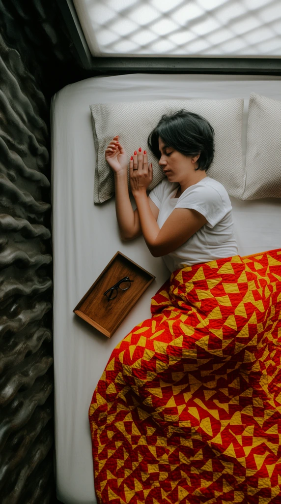 A top-down view of a woman with short dark hair sleeping on a white bed, wearing a white t-shirt and red nail polish. She rests on subtle herringbone-patterned pillows beneath a vibrant red and yellow geometric quilt. A small wooden tray holding dark eyeglasses sits beside her on the pristine white sheet. The bed is framed by a heavily textured, dark undulating wall on the left and a soft, diamond-paned light source above, creating an intimate, high-contrast composition with soft natural lighting.