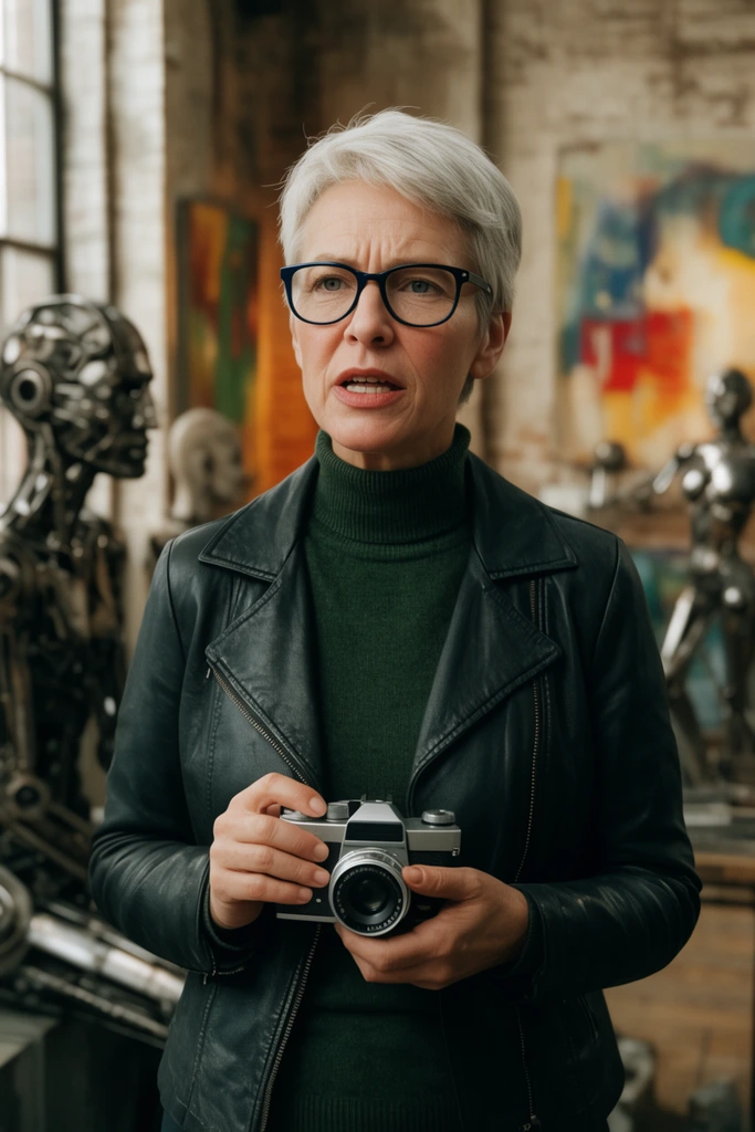 Middle-aged woman with short silver hair and black glasses, dark green turtleneck under black leather jacket, holding vintage camera, serious expression, speaking, waist-up portrait, interior industrial art studio, blurred metal sculptures, abstract paintings, warm natural light, shallow depth of field, cinematic framing