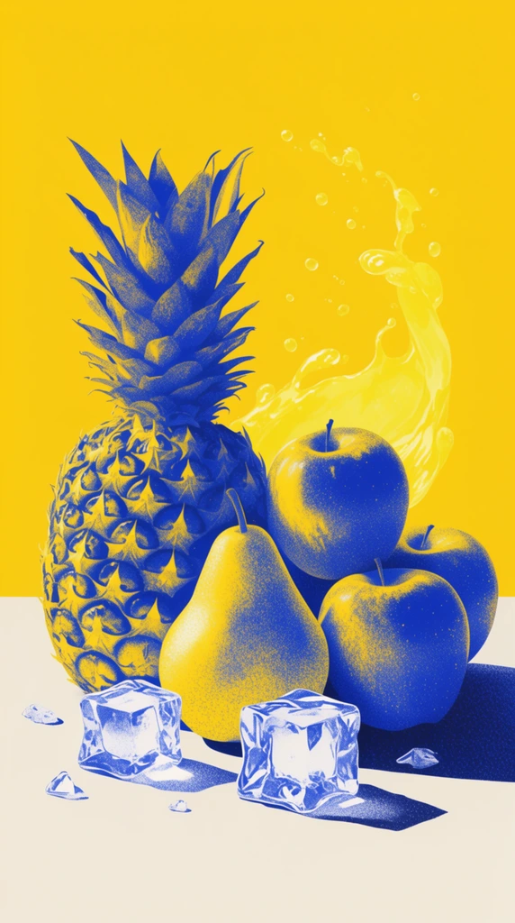 A duotone pop-art illustration of a pineapple, pear, and clustered apples on an off-white surface against a solid bright yellow background. Rendered in high-contrast ultramarine blue and vibrant yellow, the fruits feature dense, stippled grain textures for shading. A translucent yellow liquid splash arcs upward behind the cluster with stylized droplets suspended in mid-air. Two faceted, transparent ice cubes and small ice fragments sit in the foreground. Bold, granular dark blue shadows stretch sharply to the right, completing the striking graphic aesthetic.