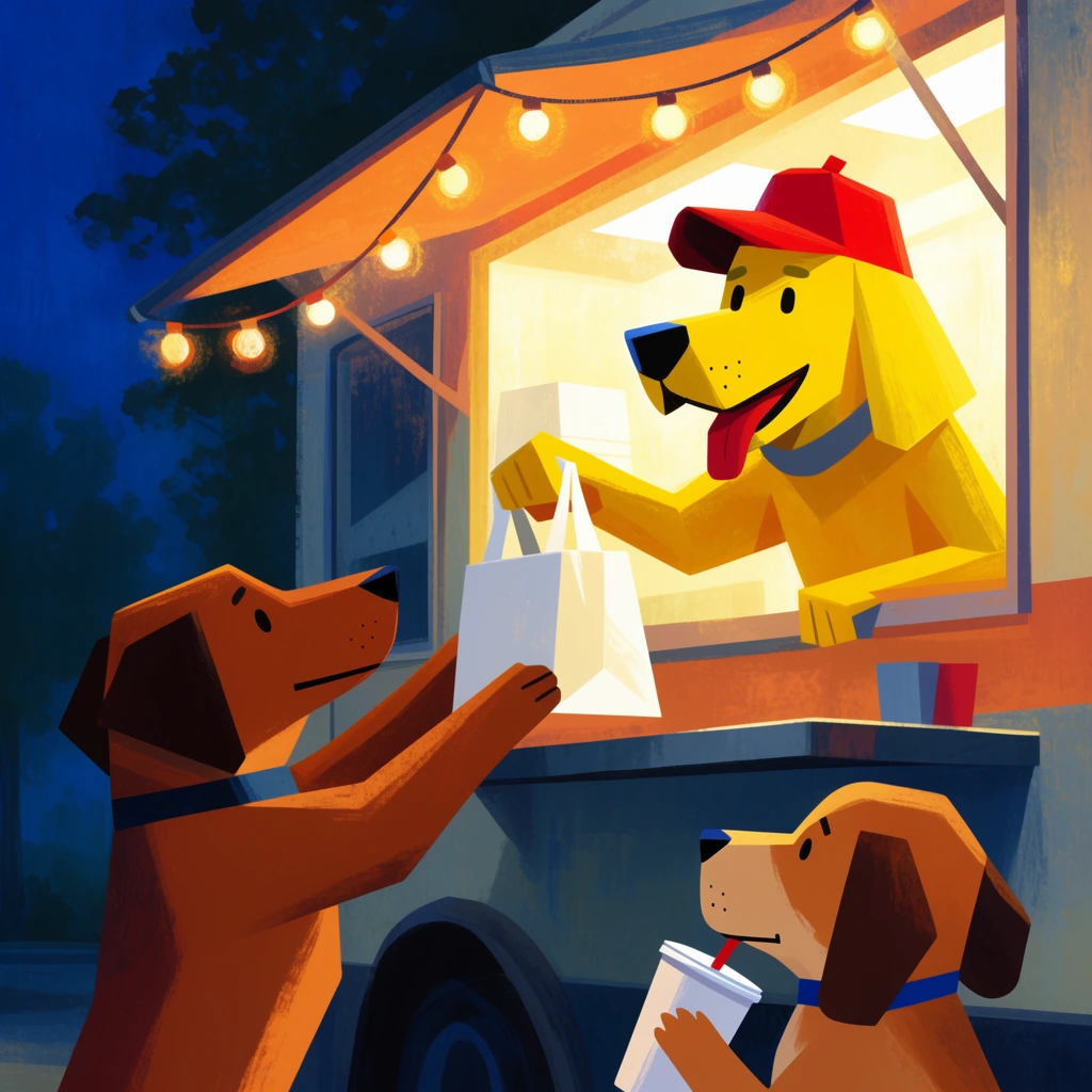 stylized geometric illustration of anthropomorphic dogs at a food truck at night, yellow dog in red cap handing a white takeout bag from a brightly lit service window, brown dog reaching up for the bag, smaller floppy-eared dog drinking from a cup, food truck awning with warm string lights, dark blue sky, tree silhouettes, painterly textures, warm and cool lighting contrast