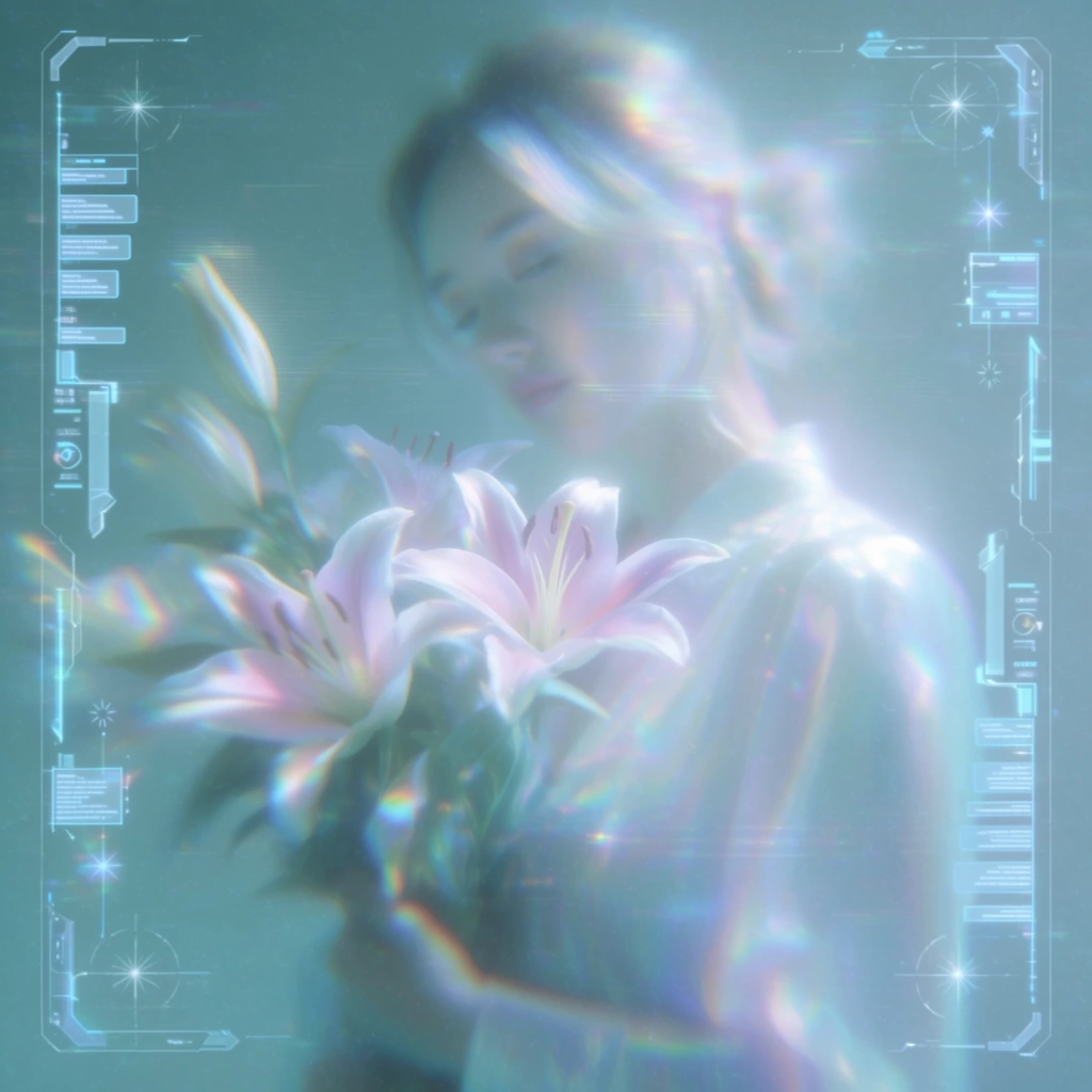 A woman holds a bouquet of lilies, captured in an ethereal, soft-focus Y2K cyber-dream aesthetic. The figure and floral arrangement are bathed in a diffuse, pearlescent glow, dominated by a cool, icy teal and pale cyan color palette with iridescent pink and mauve highlights. Heavy chromatic aberration creates spectral RGB color splitting along the edges of the subject and petals, blending with a luminous, hazy bloom that softens the overall depth of field. Intricate, glowing light-blue digital HUD overlays frame the composition on the left and right margins, displaying vertical columns of futuristic interface elements, delicate starbursts, targeting crosshairs, and translucent segmented text boxes. Faint horizontal scanlines, subtle digital grain, and refractive light flares permeate the hazy, translucent atmosphere, embedding the scene in a holographic, digitally simulated environment.