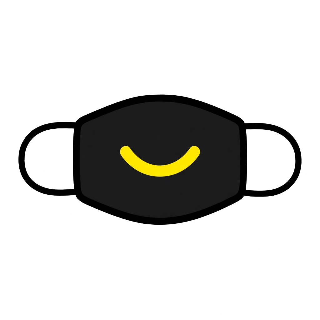 Black cloth face mask, bright yellow curved smile graphic centered on the fabric, dual black ear loops, solid white background, flat vector illustration, minimalist design