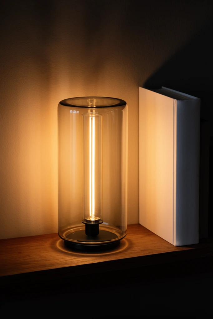 Cylindrical glass lamp with glowing vertical filament, wooden shelf, thick white standing book, warm dramatic illumination, deep shadows, minimalist product photography