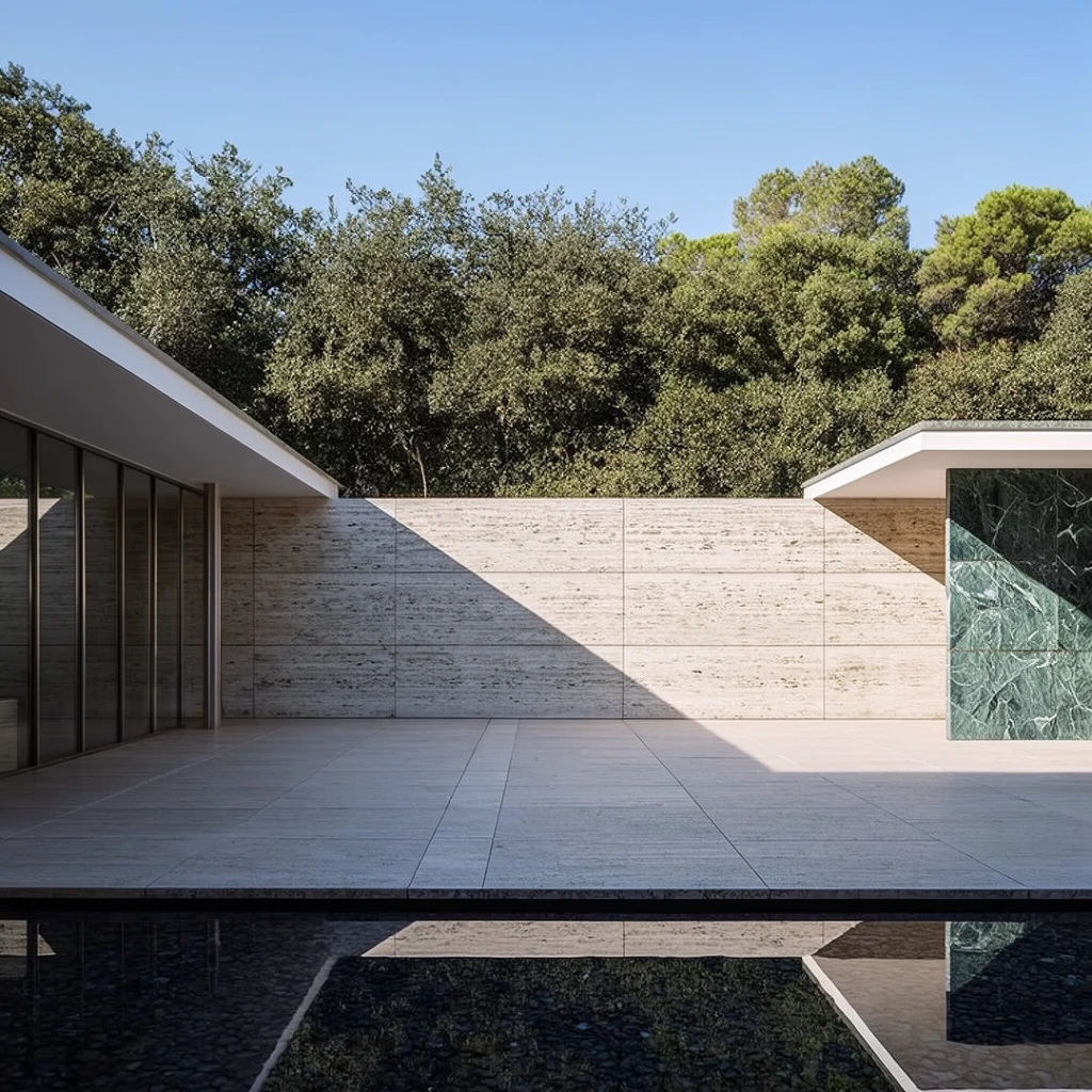 A minimalist courtyard features a dark reflecting pool bordered by a wide patio of square travertine tiles. A long travertine wall spans the midground, casting a sharp triangular shadow across the stone pavement. On the left, a flat-roofed structure with expansive glass panels forms a shaded interior. To the right, a freestanding polished green marble partition supports a thin white cantilevered canopy. A dense backdrop of green trees rises behind the wall under a clear blue sky. The geometric composition highlights stark horizontal lines, precise planar surfaces, and clean perspective in bright daylight.