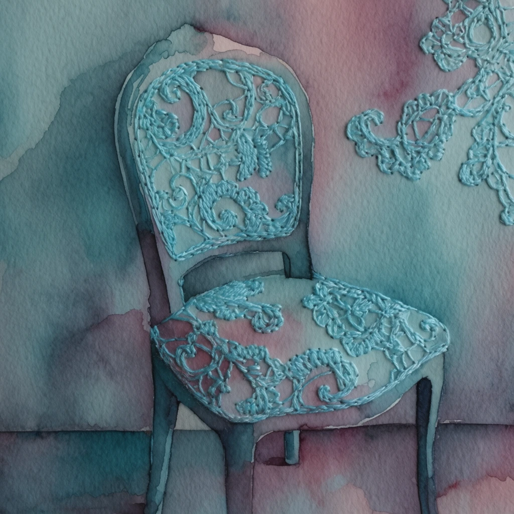 A single chair positioned in the lower center against a plain wall and floor, rendered in a mixed-media technique of translucent watercolor glazing and tactile embroidery. The chair and the surrounding flat surfaces are painted with overlapping, transparent washes of muted teal, steely blue, dusky rose, and purplish-grey, creating soft color gradations with slightly darker, crisp edges characteristic of wet-on-dry watercolor. Intricate, raised cyan thread is stitched directly into the heavy, dimpled cold-press watercolor paper, forming ornate, filigree lace patterns that overlay both the chair and the background. Flat, diffuse lighting casts micro-shadows from the textured embroidery threads, emphasizing the three-dimensional, tactile quality of the stitches against the coarse grain of the paper beneath. The multi-layered composition blends fluid, flat painted gradients with crisp, dimensional embroidered linework.