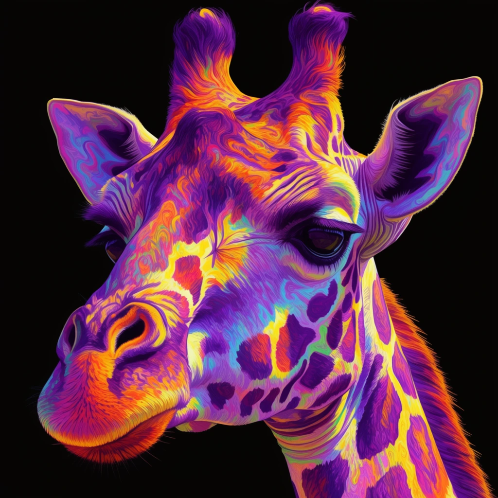 close-up portrait of a giraffe, vibrant psychedelic neon colors, swirling purple yellow orange fur textures, stylized digital painting, solid black background