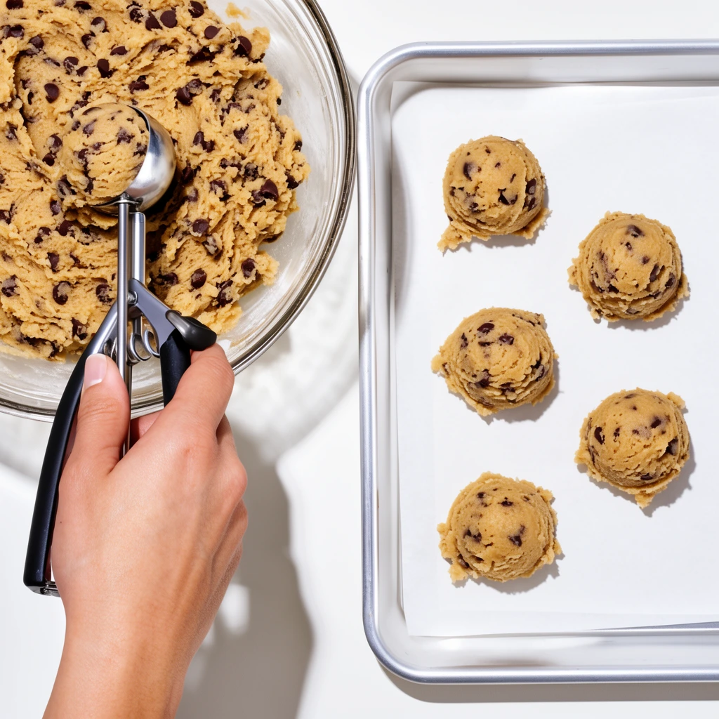 overhead shot of hand using metal cookie scoop with black handle, scooping thick chocolate chip cookie dough from clear glass bowl, adjacent aluminum baking pan lined with white parchment paper, five scooped mounds of raw dough on pan, flat white background, bright direct studio lighting, harsh drop shadows, high contrast, crisp focus, commercial food photography