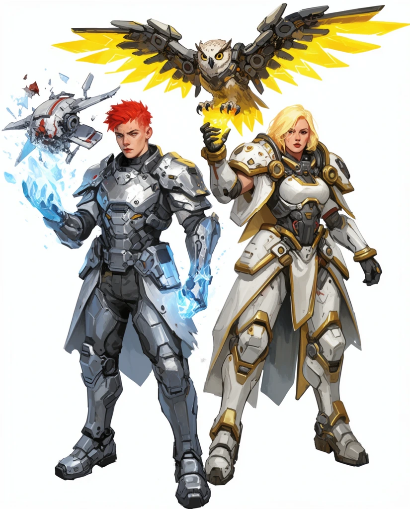 Two cyberpunk warriors stand against a white backdrop. A young red-haired man in silver armor generates ice magic while holding a damaged drone. Beside him, a blonde woman in white and gold power armor commands a mechanical owl with glowing yellow energy.