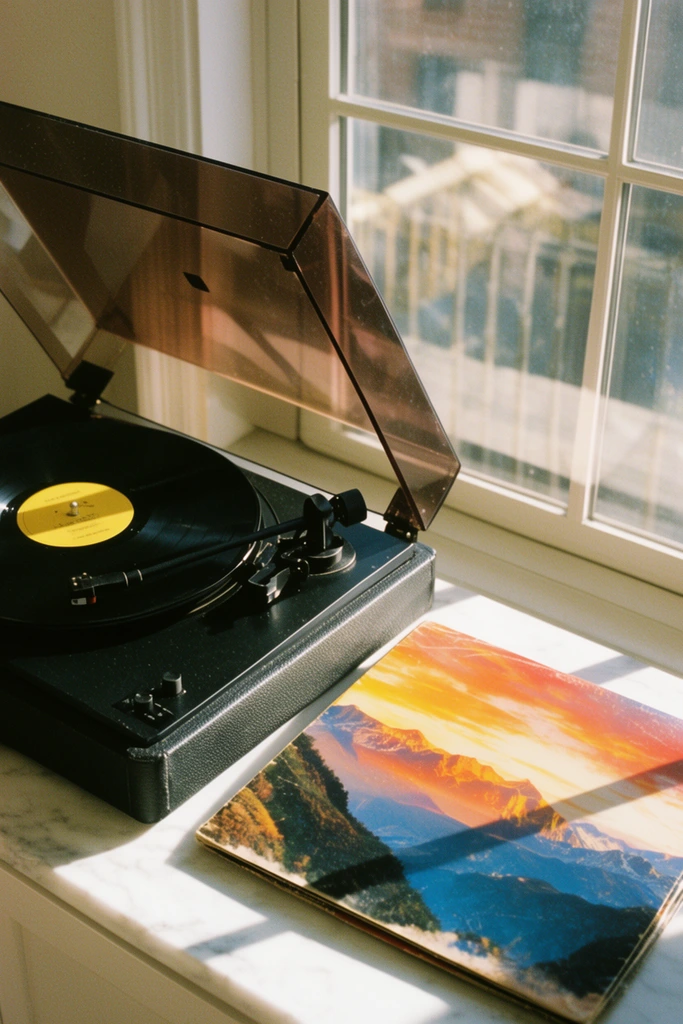 A black record player sits on a white marble surface next to a window, accompanied by a colorful album cover. The record player features a raised, tinted acrylic dust cover, a black tonearm resting near a black vinyl record with a yellow center label. Beside it lies an album sleeve displaying a vivid landscape of mountains beneath an orange, yellow, and blue sunset sky. Strong, natural sunlight streams through the multi-paned window, casting distinct geometric shadows across the record player, album, and the marble surface. Through the window glass, a blurry reflection or view of a neighboring building's balcony and sunlight is visible. The scene has a warm, nostalgic, analog photography aesthetic with visible film grain and soft, natural daylight highlighting textures like the leather-like base of the turntable and the smooth marble.
