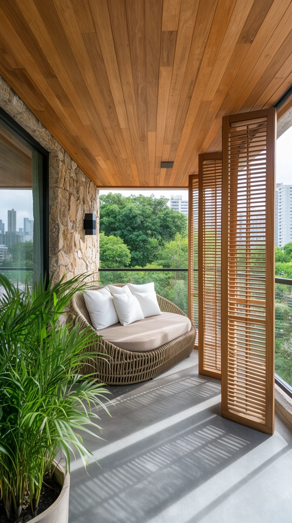 modern covered balcony, curved woven rattan outdoor sofa with beige cushion and white throw pillows, tall wooden louvered folding screens casting distinct linear shadows on smooth gray concrete floor, rough exposed stone wall, warm wood-paneled ceiling, black wall-mounted modern sconce, lush green potted palm plant in left foreground, glass window reflecting city skyline, background view of dense green trees and distant white high-rise buildings, bright natural sunlight, architectural photography, wide-angle perspective
