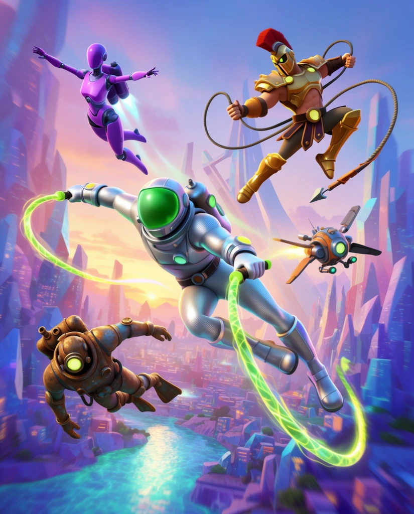 Five acrobatic cyber-warriors leap through a towering alien metropolis at dawn. Center, a warrior in a silver spacesuit with a green visor swings on luminous energy whips. Upper right, a gold-armored gladiator leaps backward with a grappling hook. Upper left, a sleek purple android dives using a jetpack. Below left, a rusted bronze diver plummets toward a glowing river. Mid-right, a hovering mechanical drone tracks the action. The sprawling crystal city is bathed in warm dawn light, rendered in a vibrant 3D animation style featuring stylized halftone shading, dramatic angles, and dynamic motion blur.