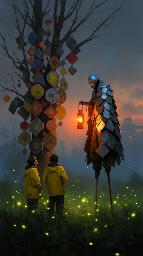 Two figures in yellow jackets stand in a firefly-lit grassy field, gazing at a towering stilted figure holding a glowing orange lantern. The stilted entity is clad in overlapping geometric metal panels. Beside them, a bare tree is heavily covered with colorful diamond and octagonal metal plates. The hazy background reveals distant silhouetted structures under a moody sunset sky. The digital painting uses atmospheric lighting, contrasting cool twilight blues with warm focal orange glows.