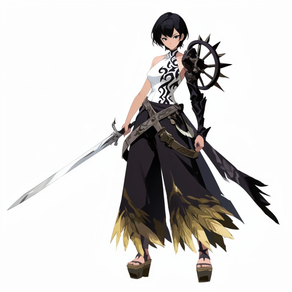 anime female character concept art, short black hair, white halter top with black tribal patterns, single dark armored sleeve, spiked wheel shoulder accessory, dark wide-leg pants with gold feather hem, platform sandals, holding silver sword, dynamic stance, cel-shaded style, white background