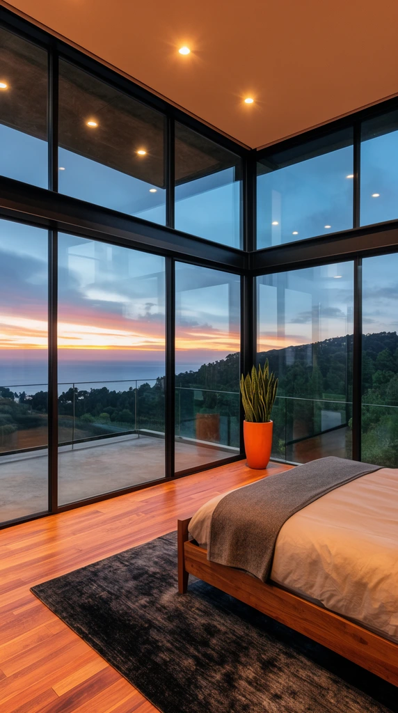 modern bedroom interior, expansive floor-to-ceiling black metal framed glass windows, panoramic twilight sunset over ocean and forested hills, warm wood plank flooring, wooden bed frame with grey blanket, dark area rug, tall orange pot with snake plants, concrete terrace with glass railings, warm interior ceiling lights, glass reflections, wide angle architectural photography