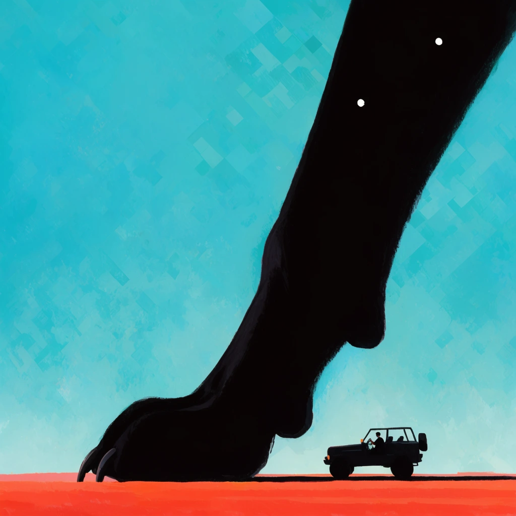 colossal pitch-black silhouette resembling a towering animal limb stretching diagonally upward, tiny silhouette of an off-road vehicle with a driver positioned at the wide base of the dark form, flat vibrant reddish-orange ground, vast bright turquoise sky with textured brushstrokes and subtle geometric patterns, two small white dots on the upper dark shape, minimalist stylized illustration, surreal extreme scale, high contrast color blocking, textural gouache painting style