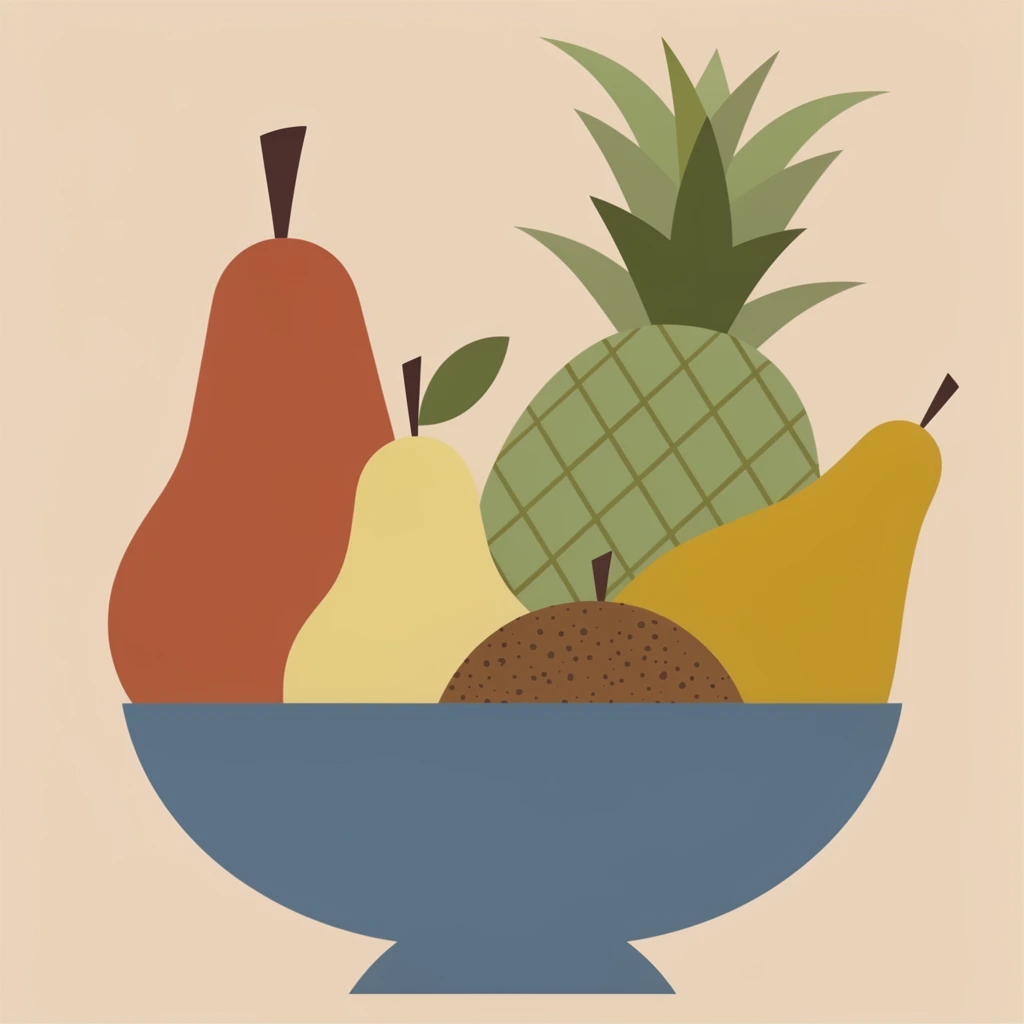 A flat, minimalist vector illustration of a slate blue bowl filled with geometrically simplified fruits against a warm beige background. The stylized arrangement includes a tall terracotta pear, a smaller light yellow pear with a single green leaf, a green pineapple with diamond crosshatching, an elongated mustard yellow fruit, and a speckled brown dome. The mid-century modern graphic aesthetic relies on a muted, earthy color palette composed of crisp, overlapping solid shapes entirely devoid of shading or gradients.