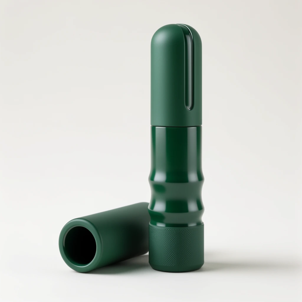 dark green cylindrical object standing upright, matching hollow cap lying horizontally, matte and glossy finishes, vertical groove near rounded tip, raised mid-section ridges, textured grip at base, off-white background, soft studio lighting, minimalist product photography