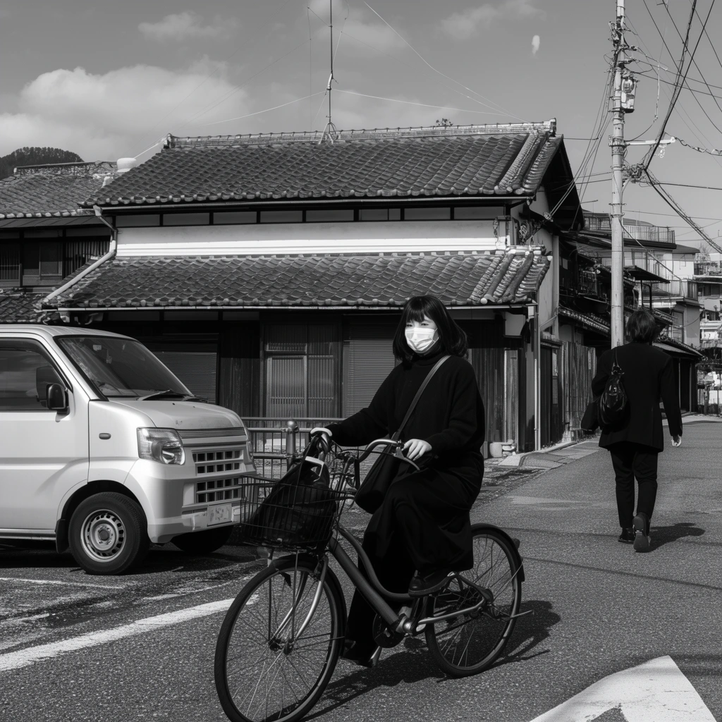 black and white street photography, woman in dark clothing and face mask riding a bicycle, parked compact truck, pedestrian walking away, traditional houses, utility pole, bright daytime lighting, high contrast