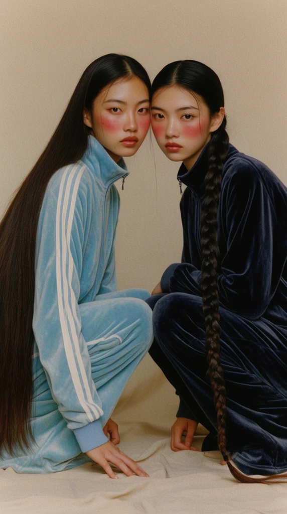 Two young women crouch together on a seamless beige fabric, heads leaning closely. The left figure wears a pastel blue velour track jacket with white sleeve stripes, her exceptionally long, straight dark hair spilling down to the floor. The right figure wears a dark navy velour tracksuit, her hair woven into a thick, floor-length braid. Both gaze forward with neutral expressions and heavily stylized rosy blush. The vintage fashion portrait features soft diffused lighting, muted tones, and a subtle film grain emphasizing the tactile fabrics.
