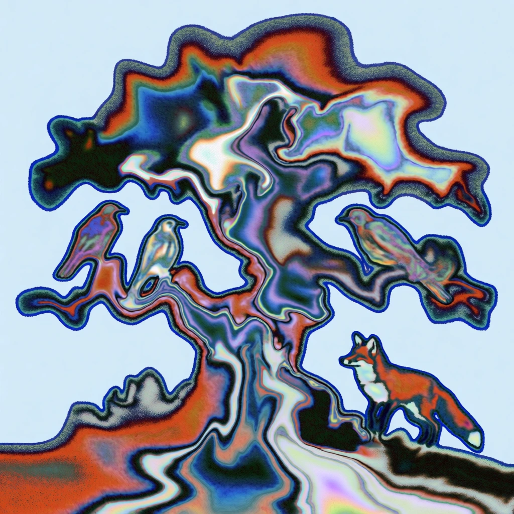 abstract psychedelic digital illustration of a gnarled tree with birds in its branches and a fox on the ground, rendered in a heavy liquid glitch style, featuring intense iridescent pearlescent sheens, vibrant electric blue and saturated orange color palettes, extreme digital noise and stippled grain textures, distorted flowing organic forms, high contrast dark voids, undulating liquid contours with thin blue outlines, set against a flat pale blue background.