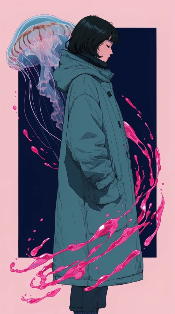 A surreal profile illustration of a figure in a heavy teal coat against a dark navy rectangle on a pale pink canvas. A translucent jellyfish floats behind their shoulders. Glossy ribbons of bright pink liquid splash and orbit around the person's body. The composition features crisp line art, flat cel-shading, and a striking limited color palette contrasting muted teal with vivid pink fluid accents.