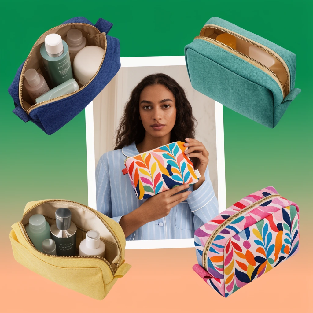 collage layout, framed photo of a woman in pajamas holding a colorful pouch, surrounded by four floating open and closed toiletry bags, green to peach gradient background, product photography
