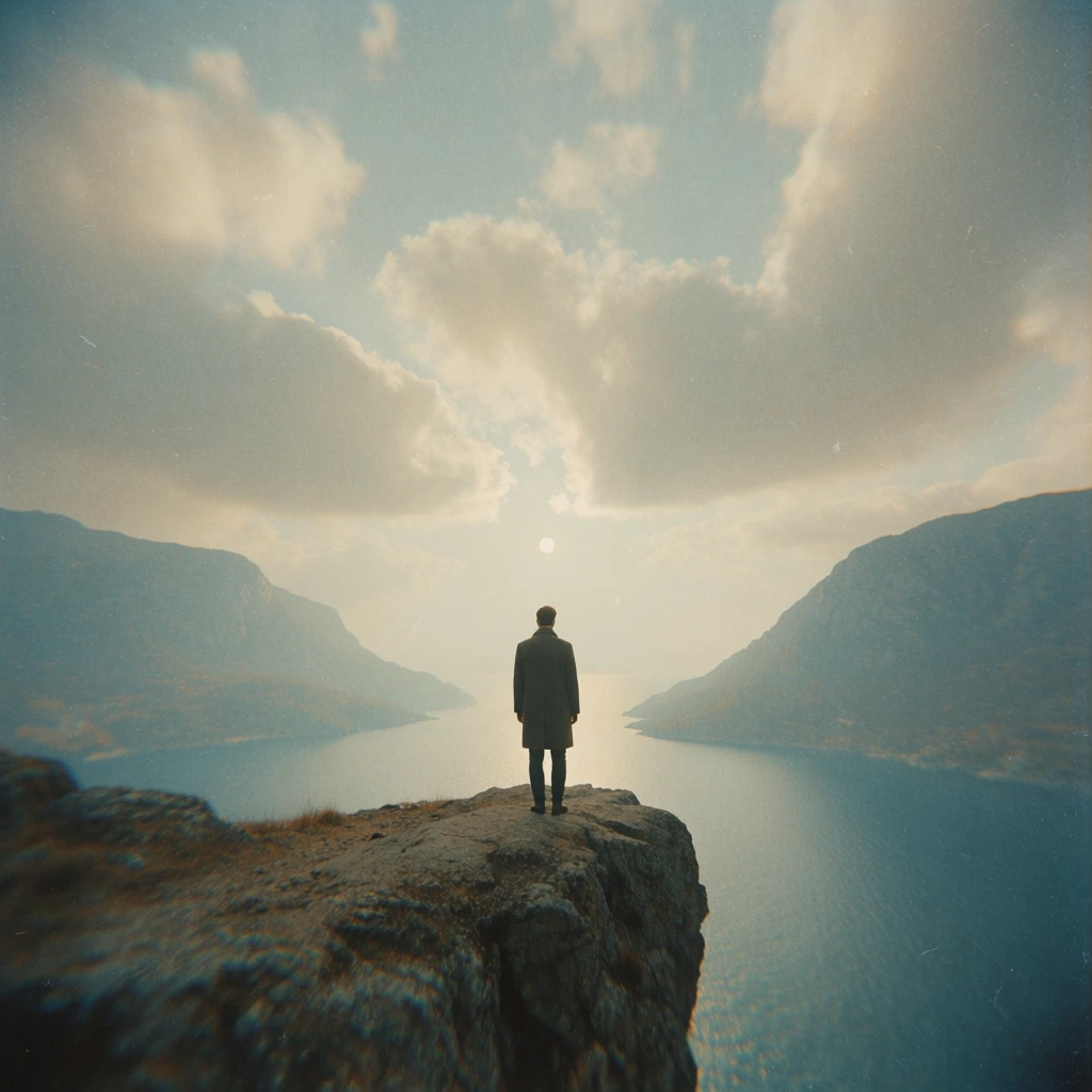 man on a rocky cliff edge in the foreground facing away from the camera, looking over a body of water reflecting a bright central horizon glow, framed by distant mountains on both sides, large textured clouds filling the sky, executed in a low-contrast 35mm analog film style, heavy organic grain, desaturated palette of dusty blues and muted ochre, soft diffused natural lighting, dreamlike hazy atmosphere, vintage cinematic aesthetic, tactile rocky textures, slight color fringing.