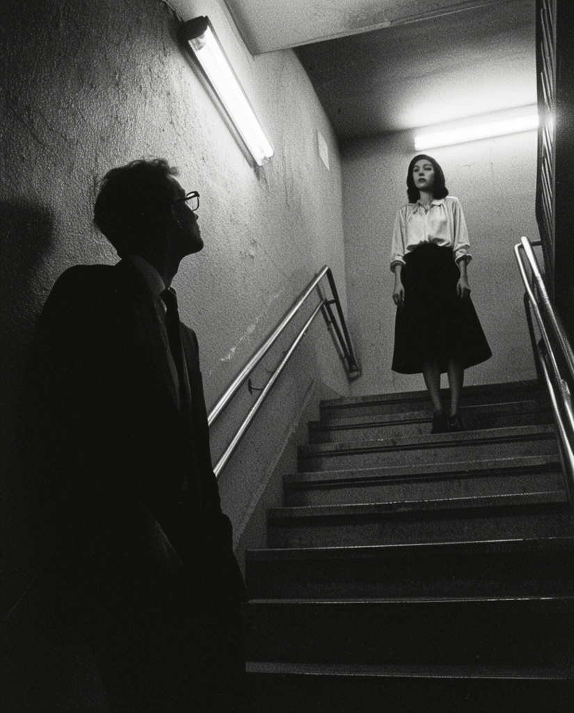 black and white gritty film photography, tilted low angle looking up a stairwell, heavy silhouette of a man in a suit and glasses in foreground left looking upward, woman standing on the top landing wearing a light blouse and dark skirt, harsh fluorescent tube lighting, metal handrails, high contrast chiaroscuro, heavy film grain