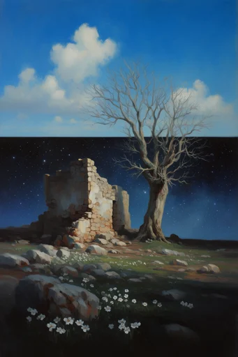 Cosmic Surrealist Oil style reference image — classical composition