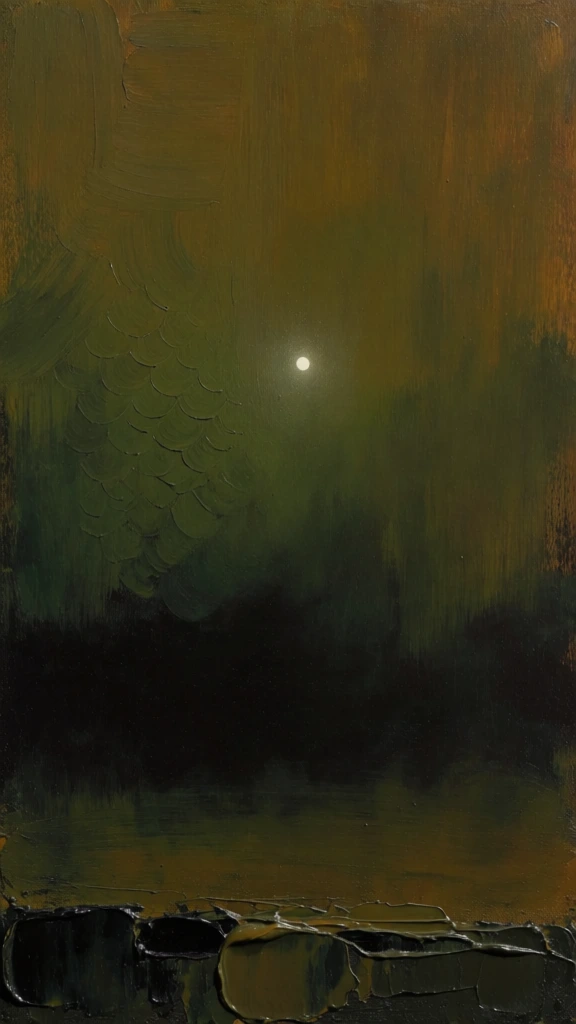 An abstract landscape painting features a single, small, glowing white point of light positioned slightly off-center in the upper half of the composition. This focal point is surrounded by a vast, atmospheric expanse of murky olive green and dark ochre tones that are filled with vertical, streaky brushstrokes. To the left of the light source, a subtle, scale-like or scalloped texture is layered over the green background. The upper colors gradually deepen into a dense, solid black that occupies the central horizontal band of the image. At the very bottom, a distinct horizontal strip consists of thick, heavily textured impasto paint, creating a rugged and uneven surface that resembles a dark shoreline or earth. The overall artistic style is moody and atmospheric, characterized by a somber color palette of earth tones and deep shadows. The composition uses a low-key lighting scheme where the only illumination comes from the central bright orb, casting a soft glow into the immediate surrounding haze. The technique showcases visible brushwork and physical depth in the paint application, particularly in the lower foreground.