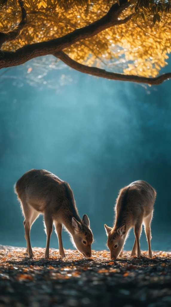 young grazing deer on a leaf-strewn forest floor, framed by a thick arching tree branch with vibrant golden foliage, deep cyan misty background, ethereal morning atmosphere, rim-lit fur, low camera angle, cinematic photography
