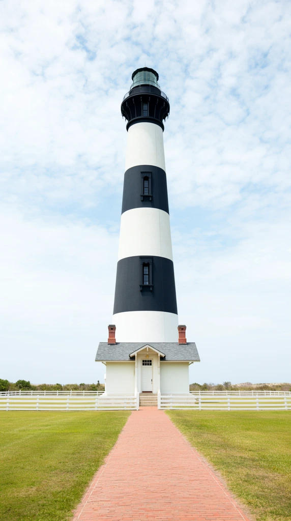 A tall conical lighthouse painted with alternating black and white horizontal bands stands centered at the end of a straight red brick pathway. The peak features a dark glass lantern room and a railed gallery deck. Attached to the base is a small white building with a gray gabled roof, two symmetrical red brick chimneys, and a central door. A low white wooden fence stretches horizontally across the midground, dividing a flat green lawn from distant coastal scrub. The scene is captured from a symmetrical, low-angle one-point perspective under bright natural daytime lighting against a pale blue sky scattered with textured white clouds.