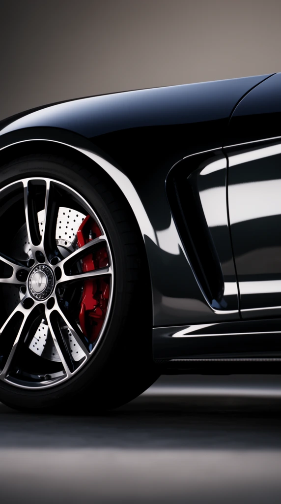 glossy dark sports car side profile close-up, intricate multi-spoke alloy wheel, red brake caliper, large drilled brake rotor, sculpted side air intake, highly reflective surface, shallow depth of field, dramatic studio lighting, neutral background