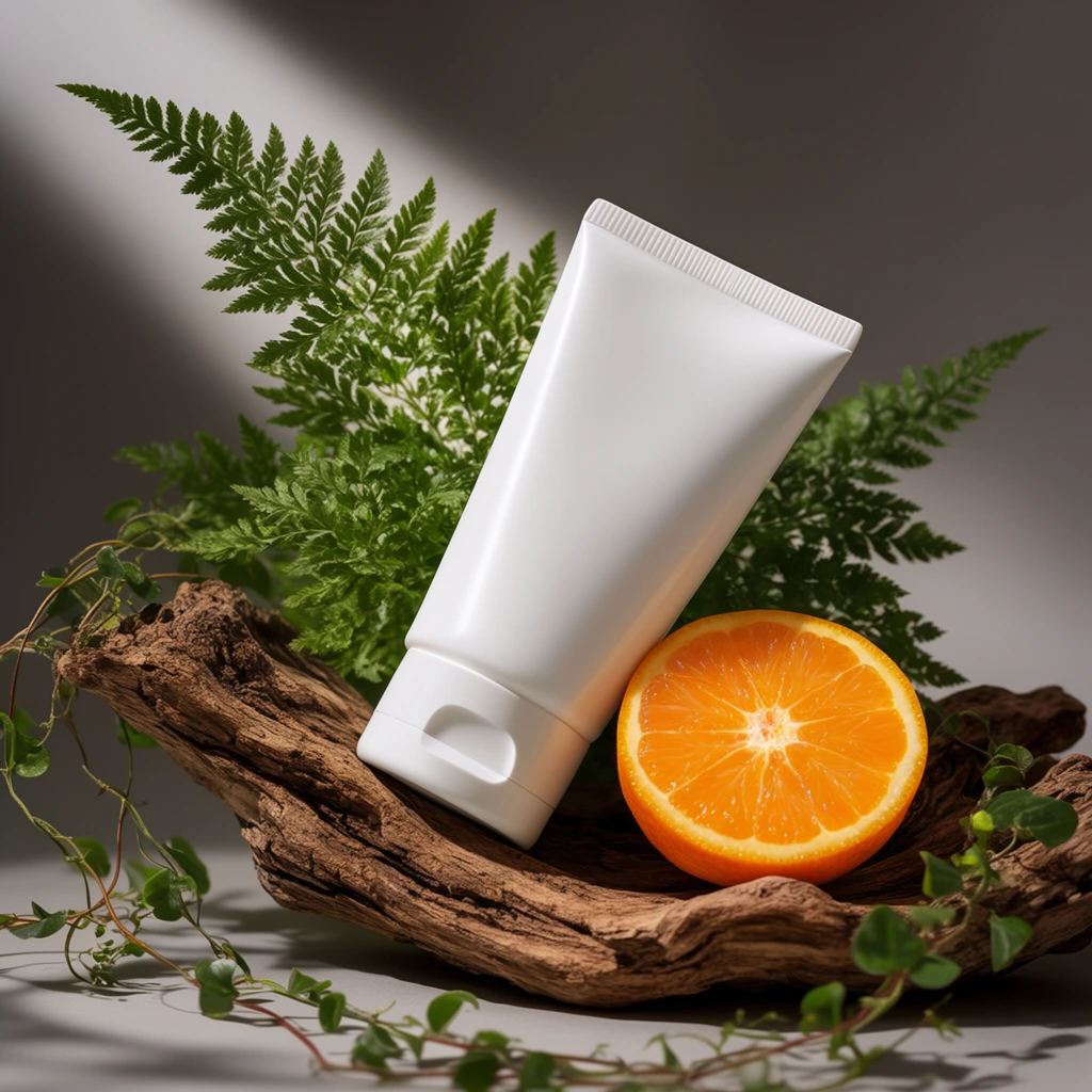 white cylindrical skincare tube resting diagonally on textured brown driftwood, bright orange half with visible juicy segments positioned to the lower right, lush green fern fronds rising behind the tube, delicate trailing vines with small green leaves framing the foreground, smooth neutral grey background, dramatic diagonal beam of light creating soft cast shadows, studio product photography, sharp focus on organic textures, high contrast between smooth white material and rough natural wood, earthy organic composition
