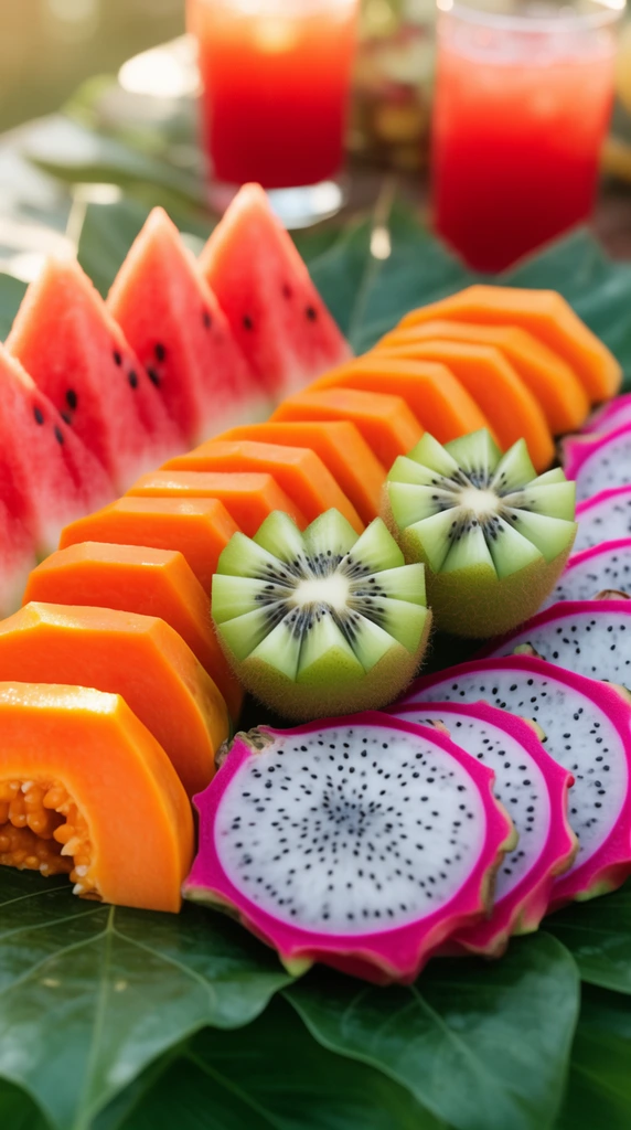 A vibrant tropical fruit platter arranged on large green leaves captured with a shallow depth of field. Triangular watermelon slices, a cascading row of orange papaya, and half-moon white dragon fruit with pink rinds surround two zigzag-cut kiwi halves. The softly blurred background features glasses of red juice illuminated by warm natural lighting.