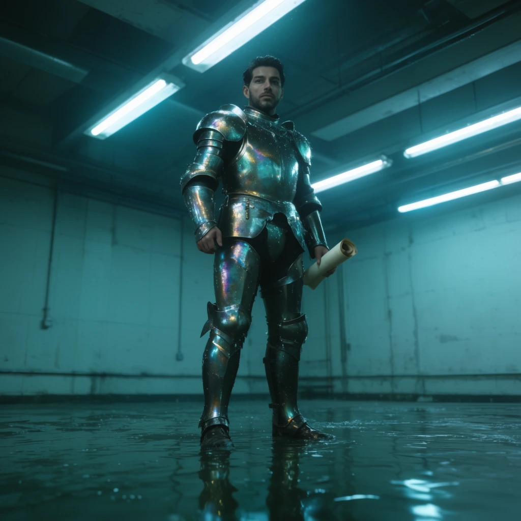 One man in metallic armor holding a single scroll stands centrally in a sterile industrial space. Harsh overhead fluorescent lights cast a dominant monochromatic teal and cyan glow over the scene. The floor is covered in a shallow layer of water, producing sharp, glossy reflections of the armored man and the linear ceiling fixtures. The metal armor gleams with wet, iridescent highlights under the clinical illumination. Captured from a low camera angle with a wide depth of field, the composition features a hyper-realistic, cinematic aesthetic with a stark, moody atmosphere.