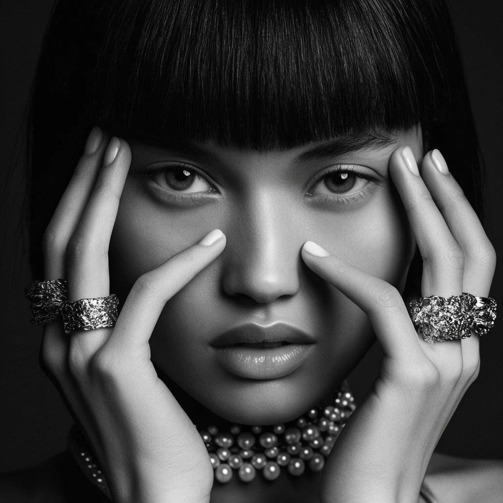black and white fashion portrait, woman with blunt bangs, intense gaze, hands framing face, textured rings, pearl choker, dark studio background