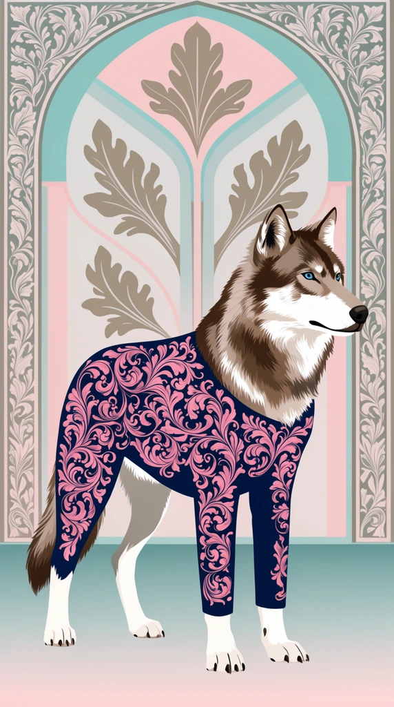 A graphic illustration of a blue-eyed brown and white wolf standing in profile, wearing an ornate navy blue garment heavily detailed with pink floral filigree over its back and front legs. The canine is centered against a symmetrical architectural backdrop blending pale teal and blush pink geometric arches with large taupe stylized acanthus leaves. Elaborate botanical borders frame the scene. The elegant composition uses clean vector lines, flat colors, and a sophisticated muted palette resting on a subtle gradient floor.